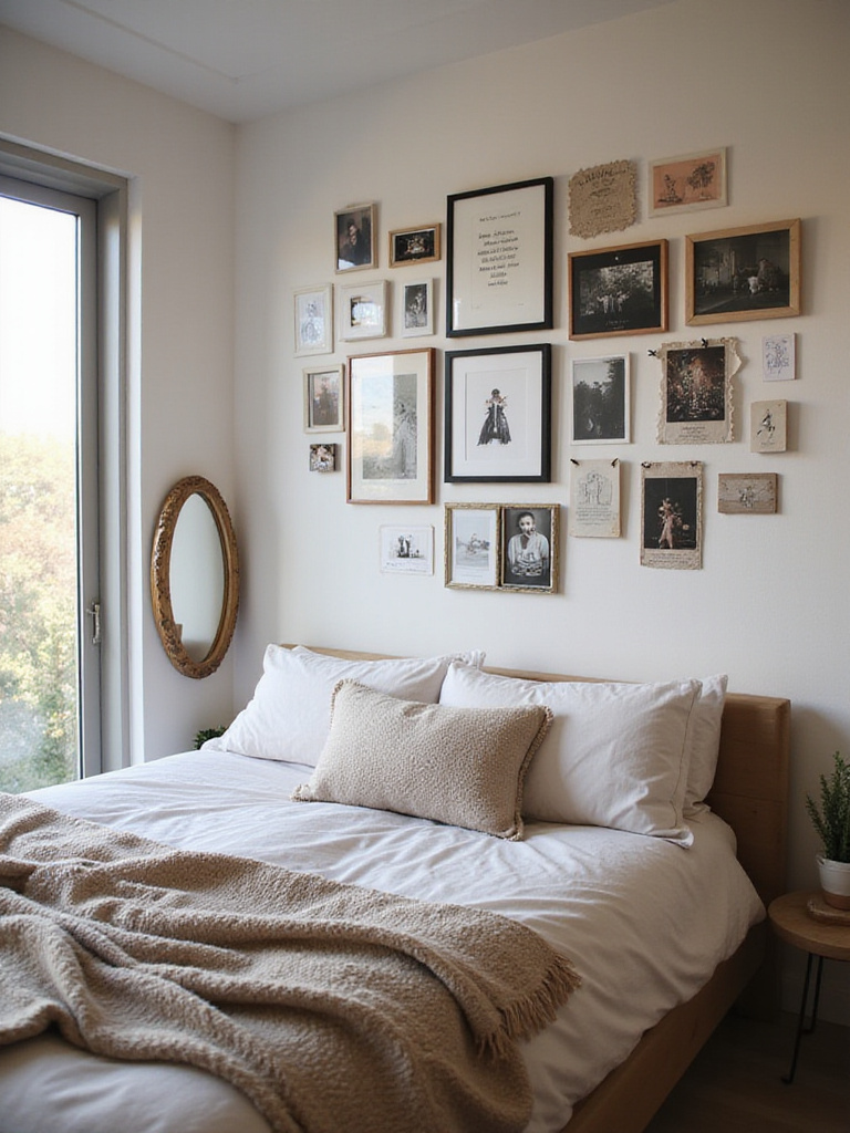 Aesthetic bedroom with a gallery wall showcasing personal photos and artwork above the bed.