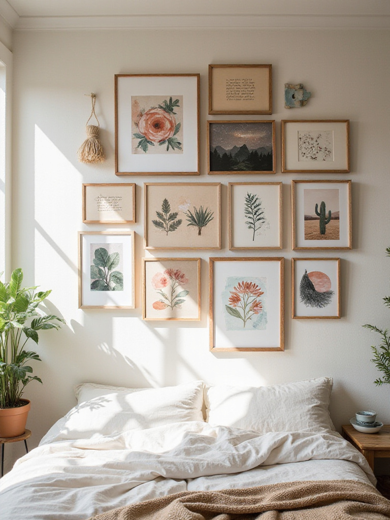 Boho bedroom with a gallery wall featuring eclectic prints and natural textures.