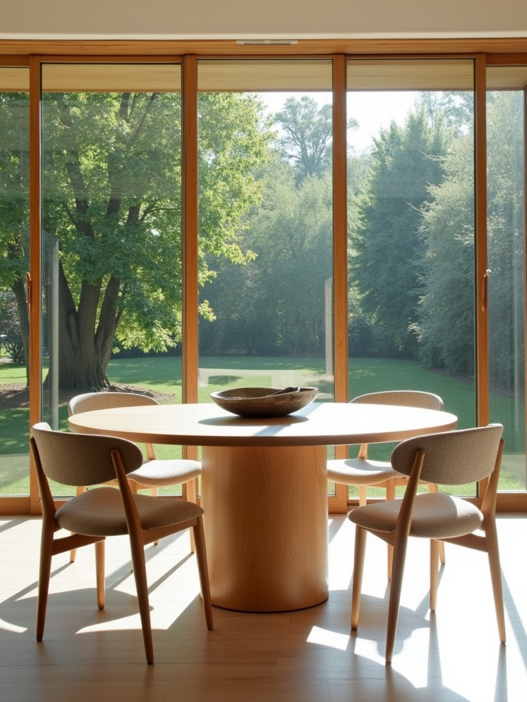 Modern round dining table in a bright, inviting dining room.