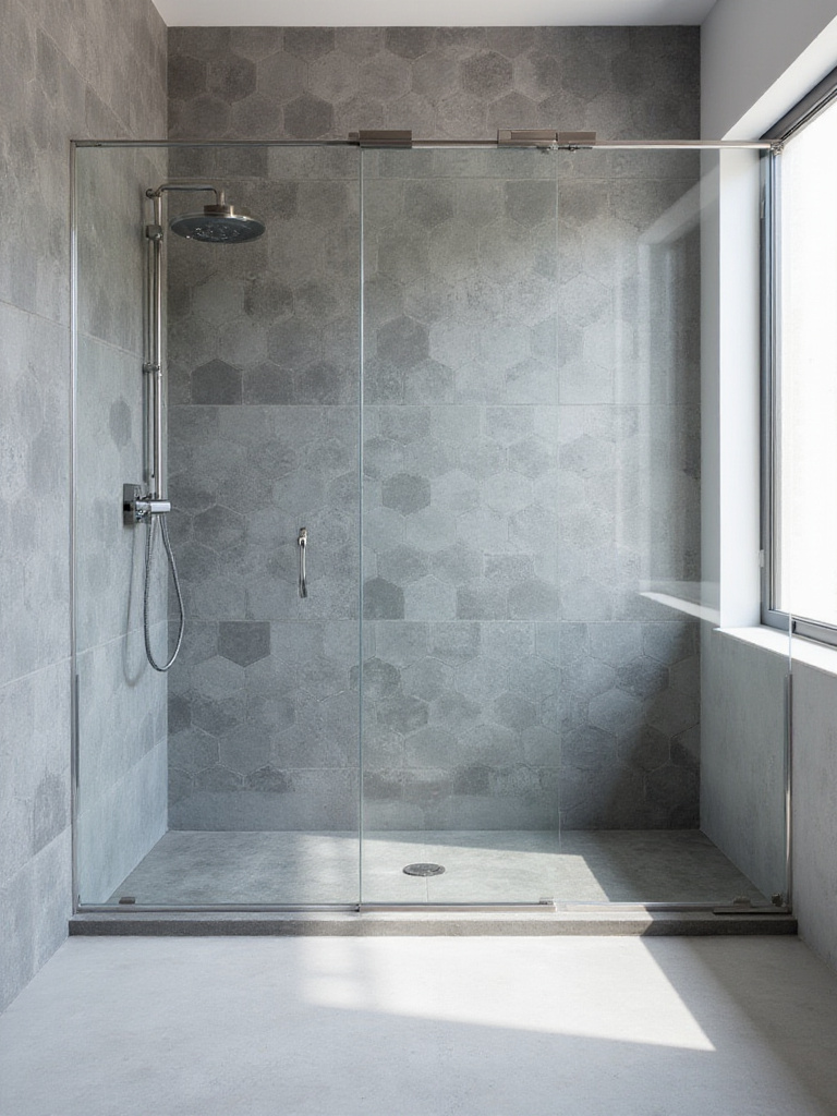 Modern bathroom with gray hexagon tile shower wall.