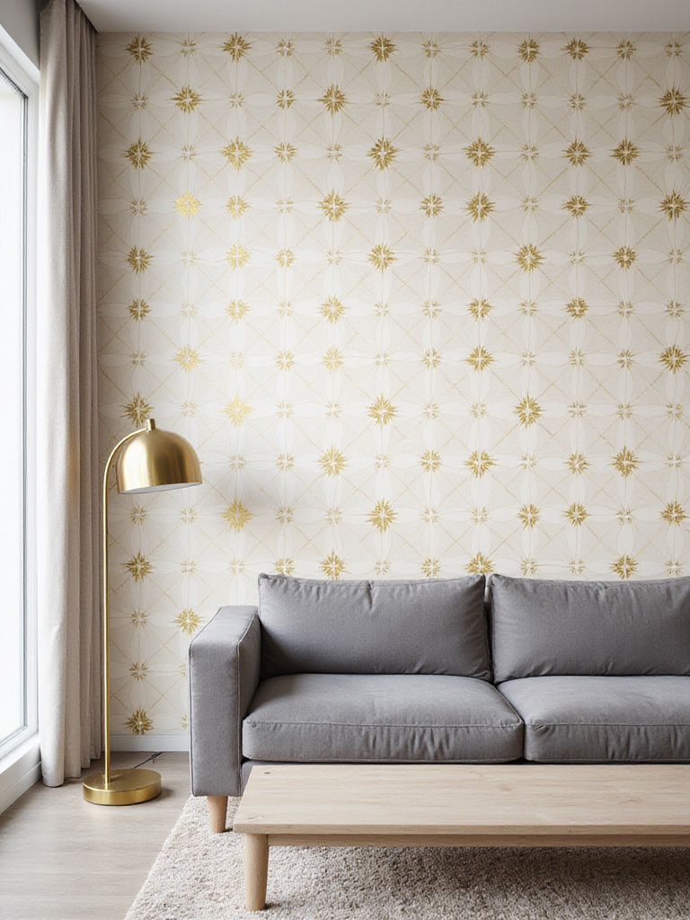 Modern living room with gold and white geometric wallpaper accent wall