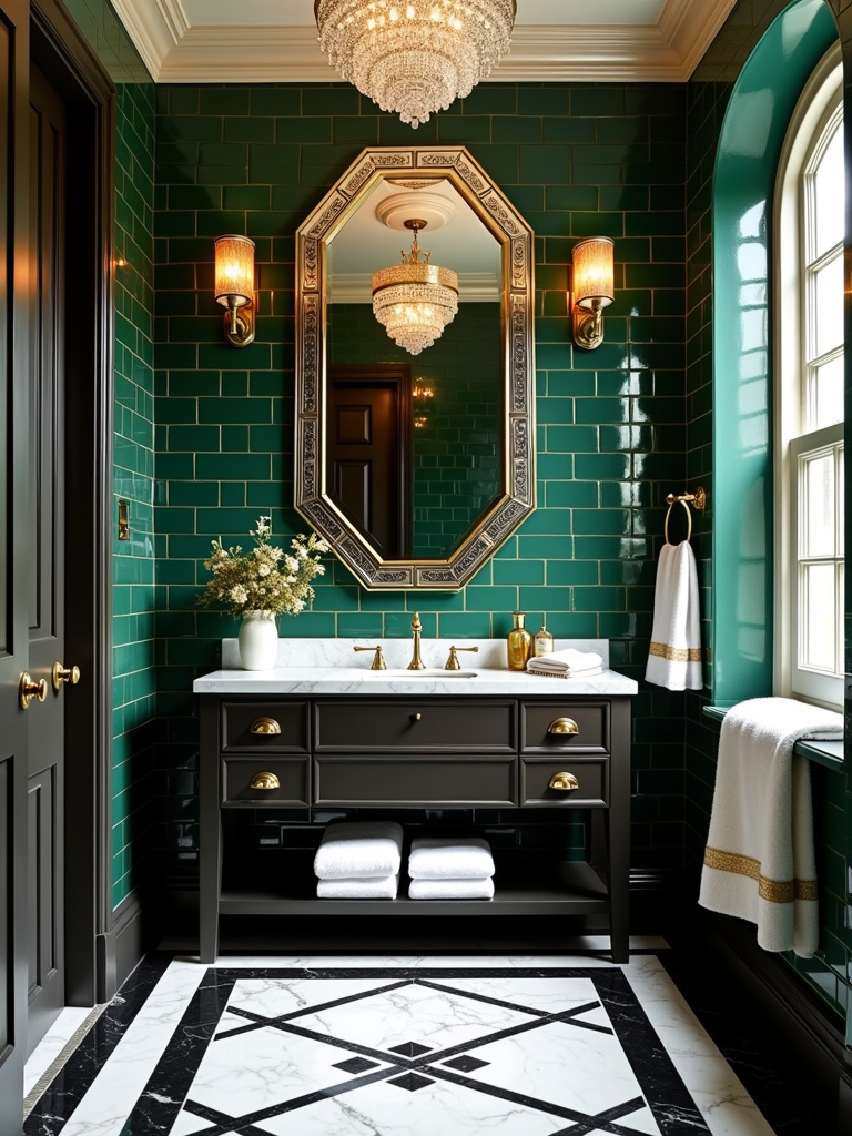 Art Deco bathroom with geometric marble floor, emerald green tiles, and crystal chandelier.