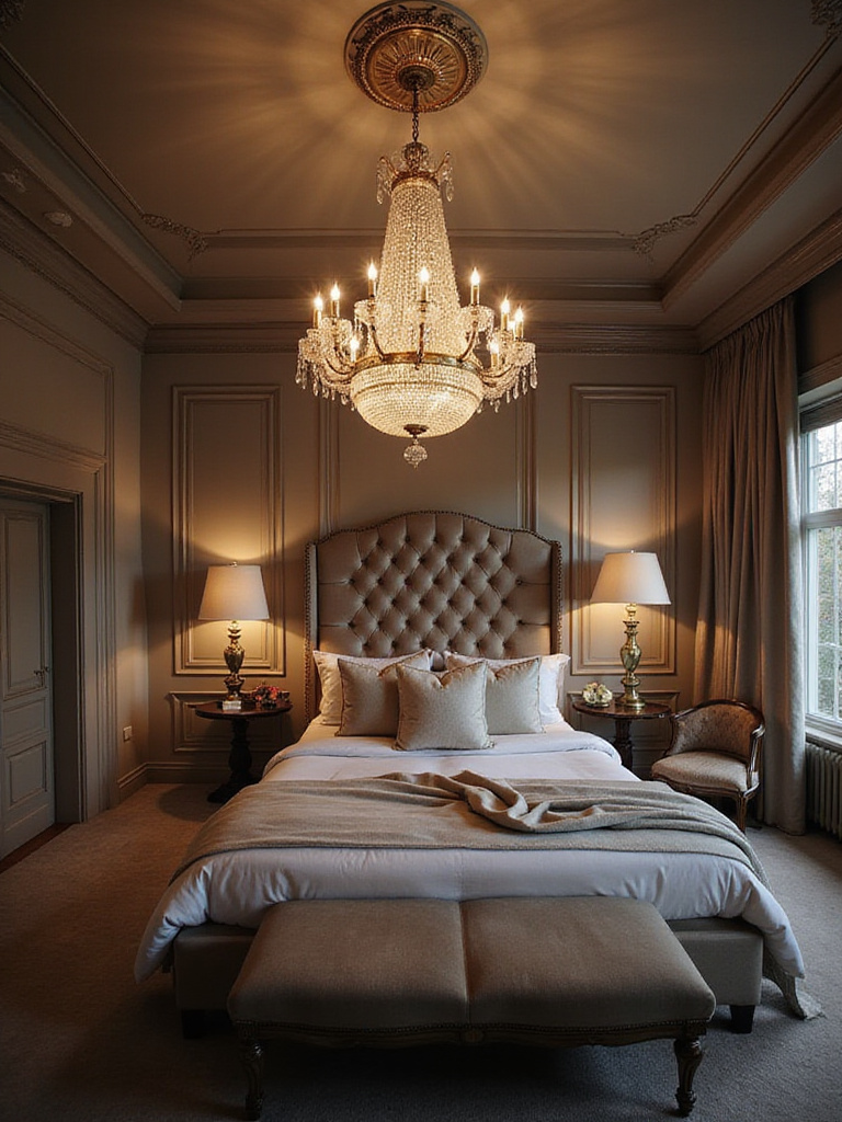 Luxurious bedroom featuring a grand crystal chandelier as the focal point.
