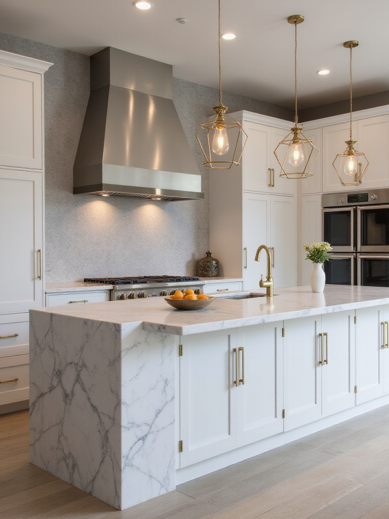 Modern luxury kitchen with white marble island, brass accents, and stainless steel appliances.