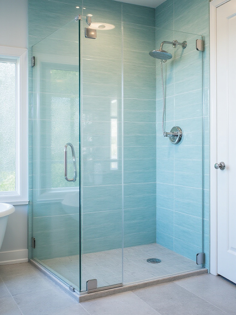 Modern bathroom with light blue glass subway tile shower, reflecting natural light and creating a spacious feel.