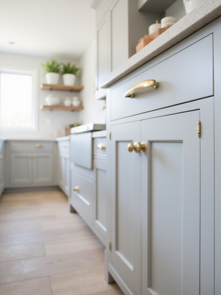 Contemporary kitchen with light gray cabinets and brushed gold hardware.