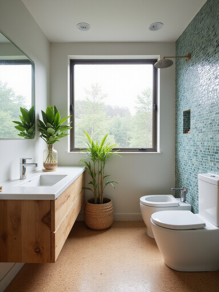 Eco-friendly bathroom with reclaimed wood vanity, recycled glass tiles, and cork flooring.
