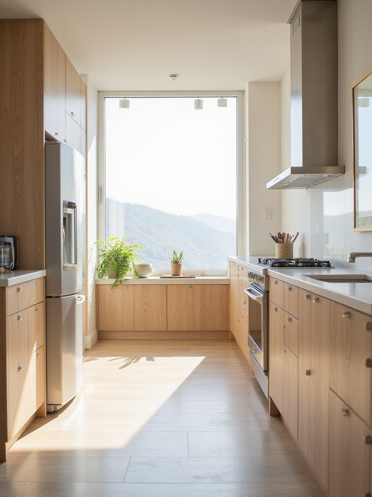 Modern kitchen with energy-efficient stainless steel appliances and light wood cabinets.
