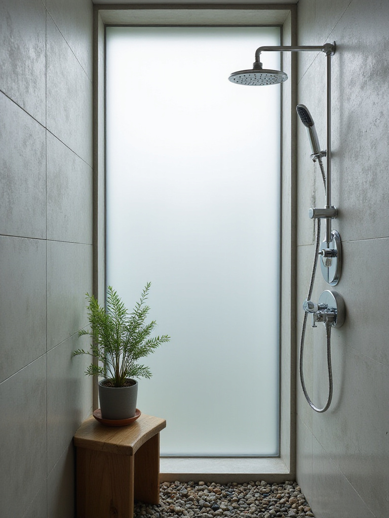 Modern bathroom with a water-saving showerhead and natural elements.