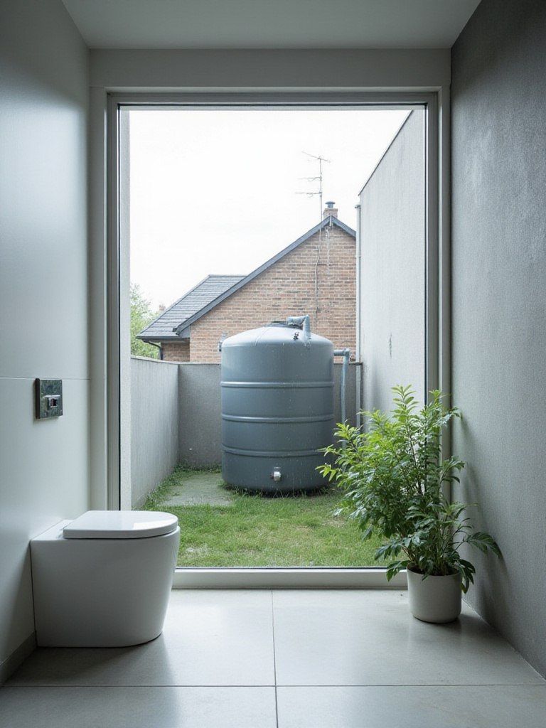 Modern bathroom with rainwater harvesting toilet flushing system and storage tank