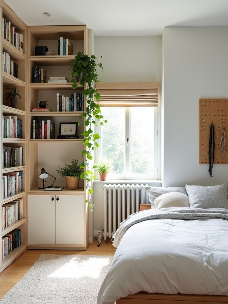 Small bedroom design with floor-to-ceiling bookshelves and floating shelves for maximizing vertical storage.