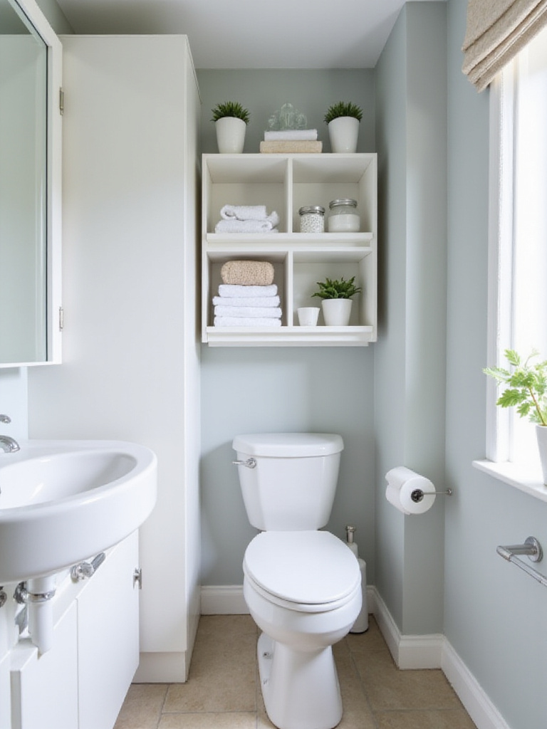 Small bathroom with vertical storage solutions: open shelves above toilet and tall narrow cabinet.