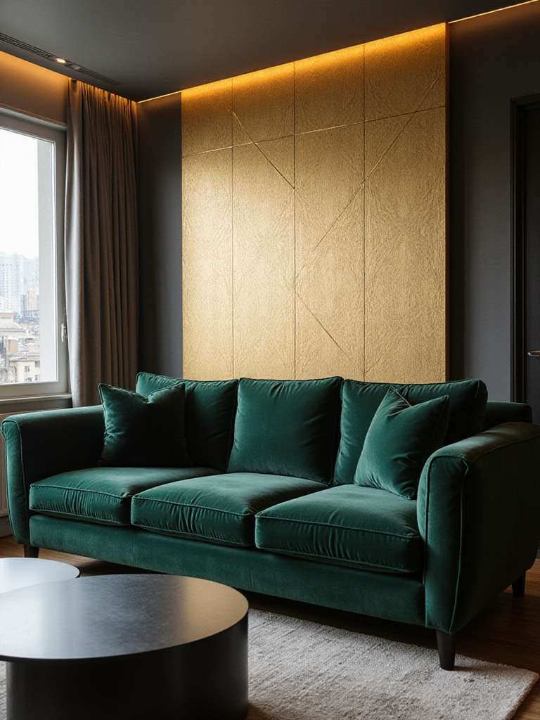 Living room with gold geometric wallpaper accent wall and green velvet sofa