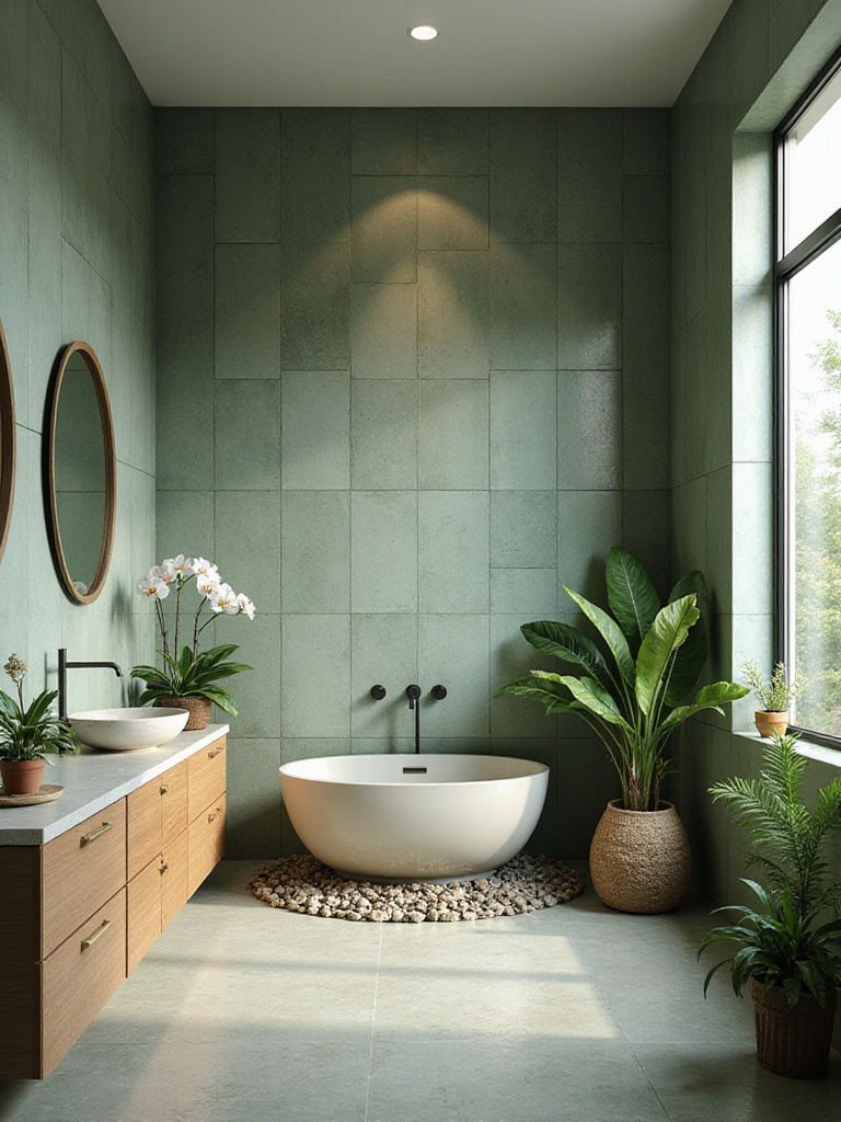 Lush green bathroom with natural stone and wooden accents, creating a spa-like retreat.