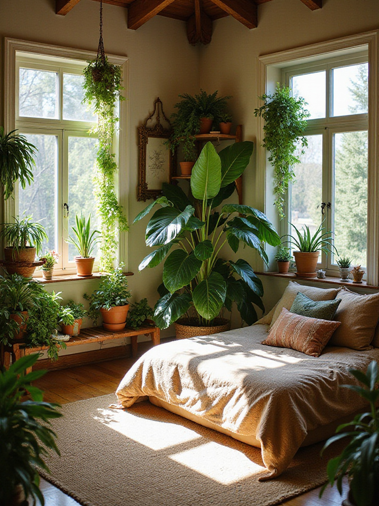 Bedroom filled with lush green indoor plants, creating a calming and natural atmosphere.