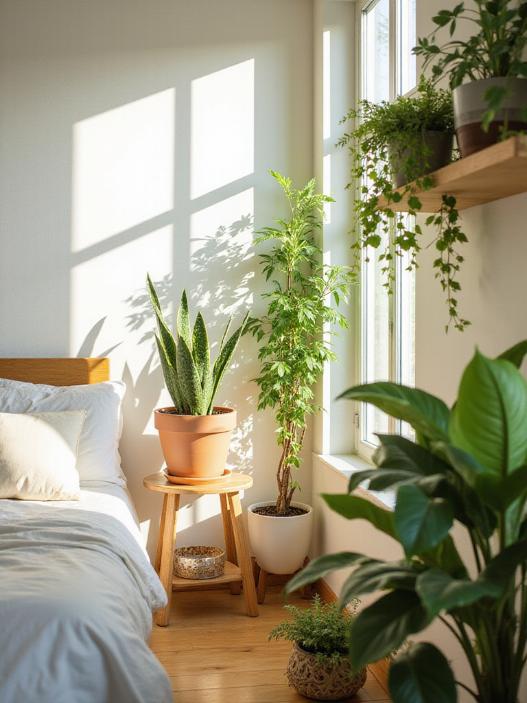 Bedroom with green plants creating a calming and relaxing atmosphere.