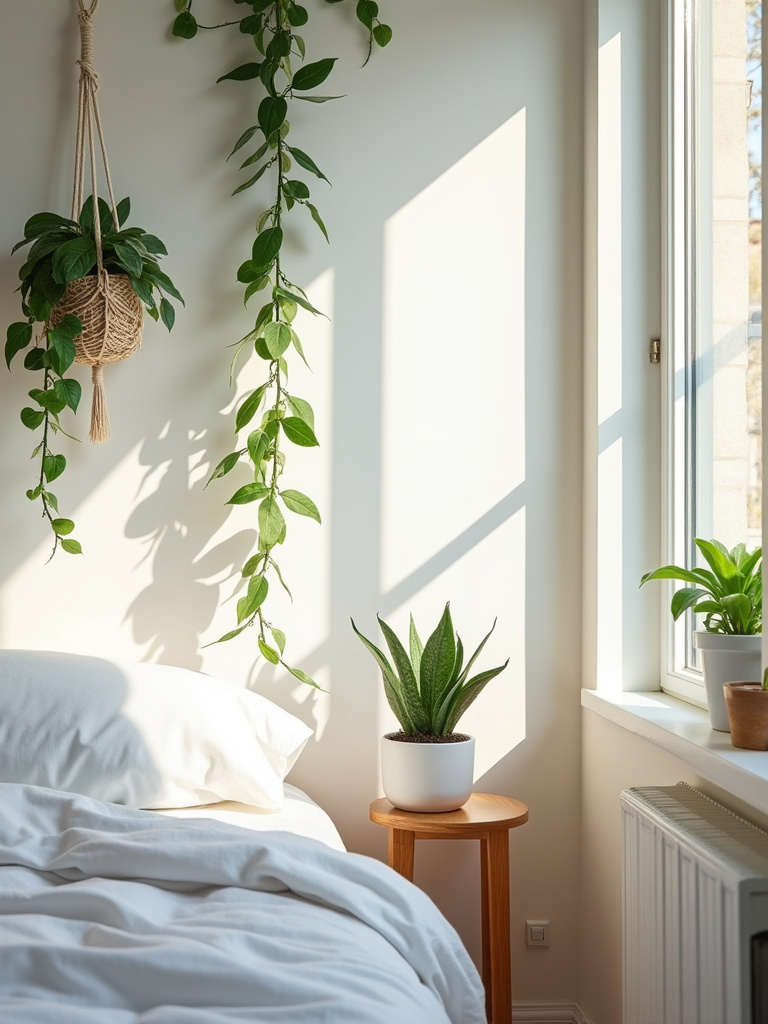 Small bedroom with snake plant, pothos, and natural light