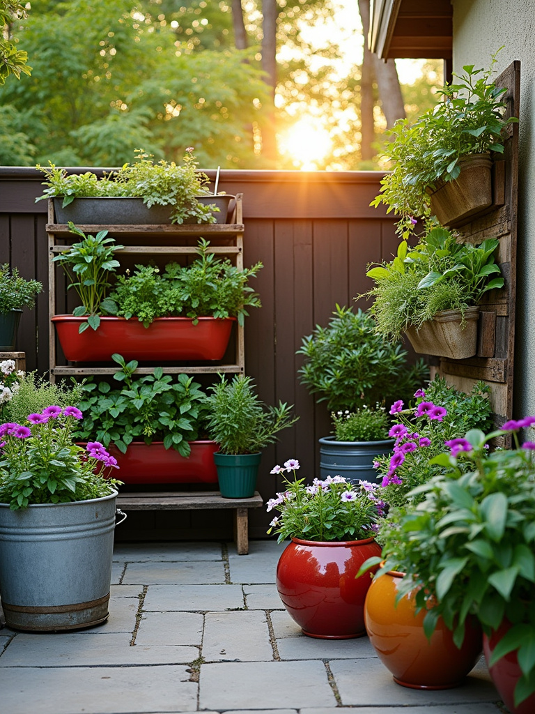 Backyard patio with colorful planters and lush green plants creating a relaxing oasis.