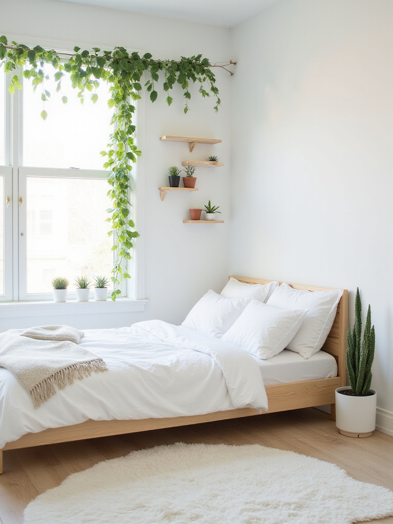 Small bedroom with minimalist decor and various potted plants, including Pothos, succulents, and a Snake Plant.