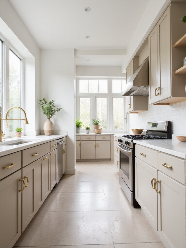 Sophisticated greige kitchen with marble countertops and stainless steel appliances.