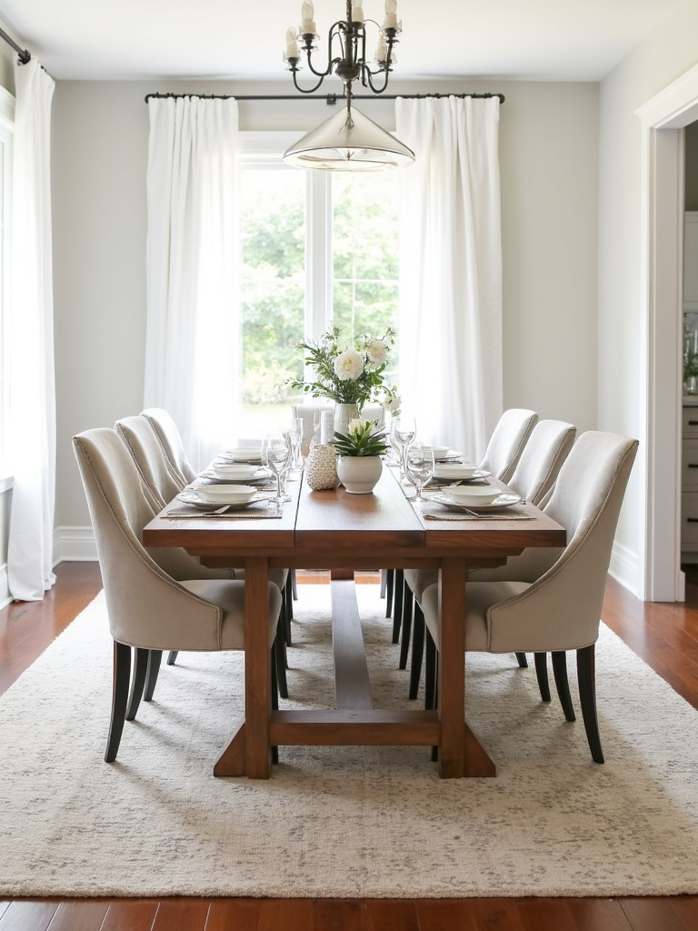 Dining room with wooden table and beige wool area rug