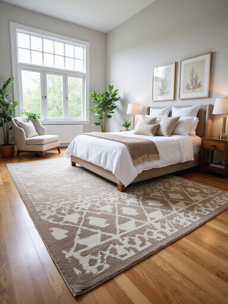Bedroom interior featuring a king-sized bed and a large geometric statement rug.
