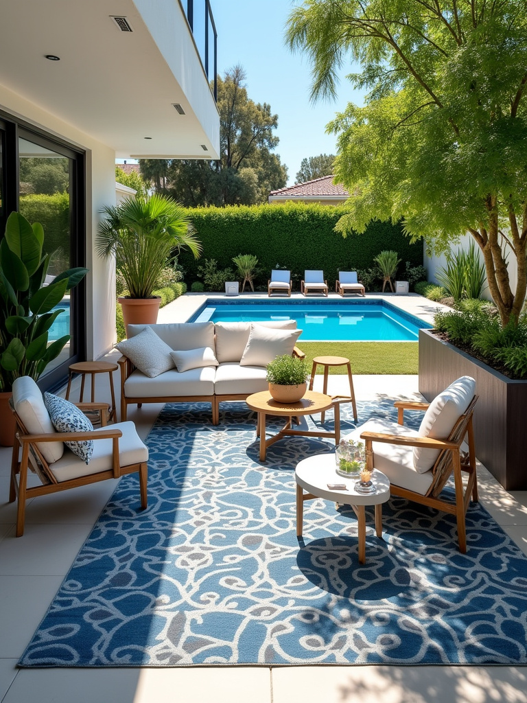 Stylish outdoor patio seating area defined by a patterned blue and grey outdoor rug.