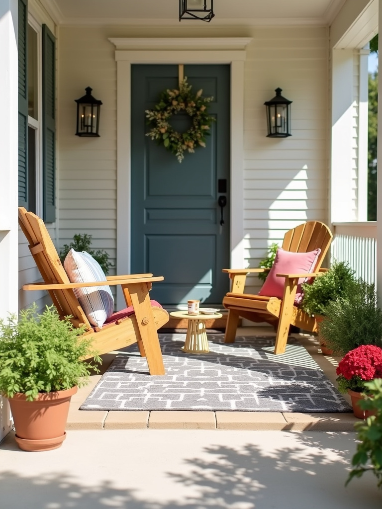 Outdoor rug defining seating area on front porch.