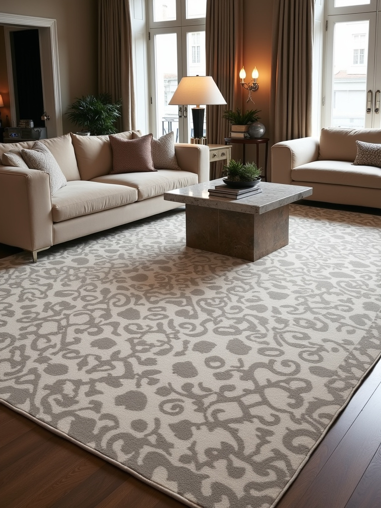 Luxurious living room featuring a bespoke wool and silk rug with a subtle geometric pattern.