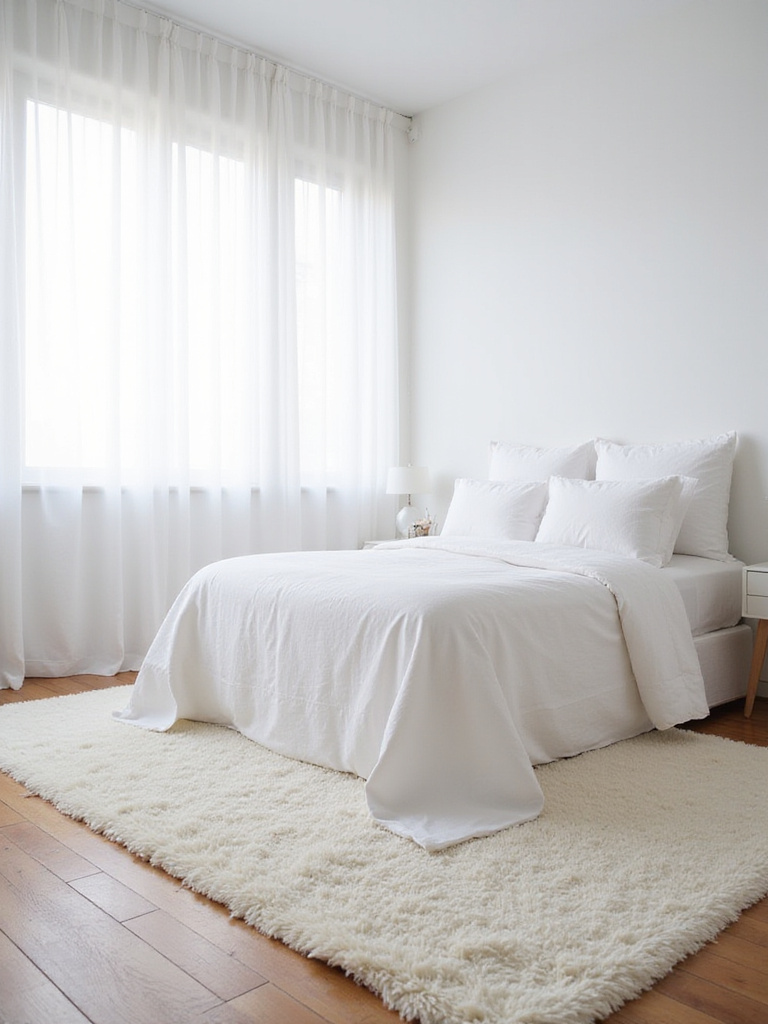 White bedroom with plush white shag rug under bed