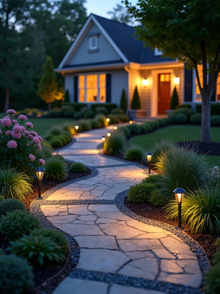 Charming front yard pathway illuminated with LED pathway lights, enhancing curb appeal and creating a welcoming entrance.