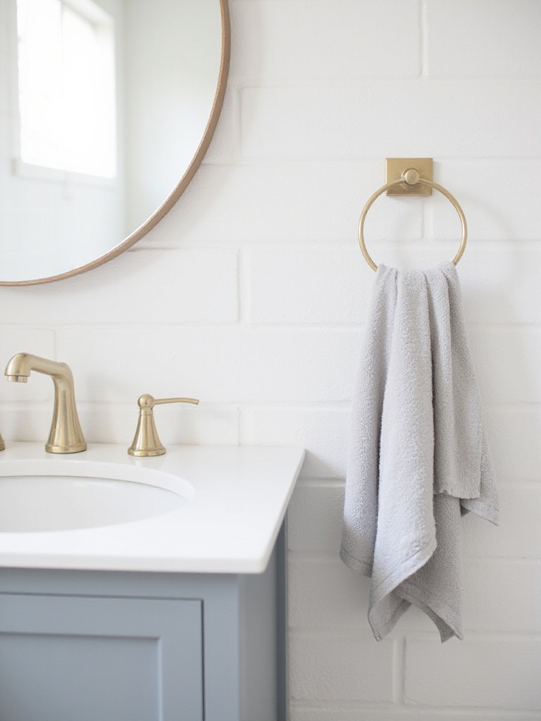 Bathroom vanity with a brushed gold hand towel ring holding a light gray linen hand towel.