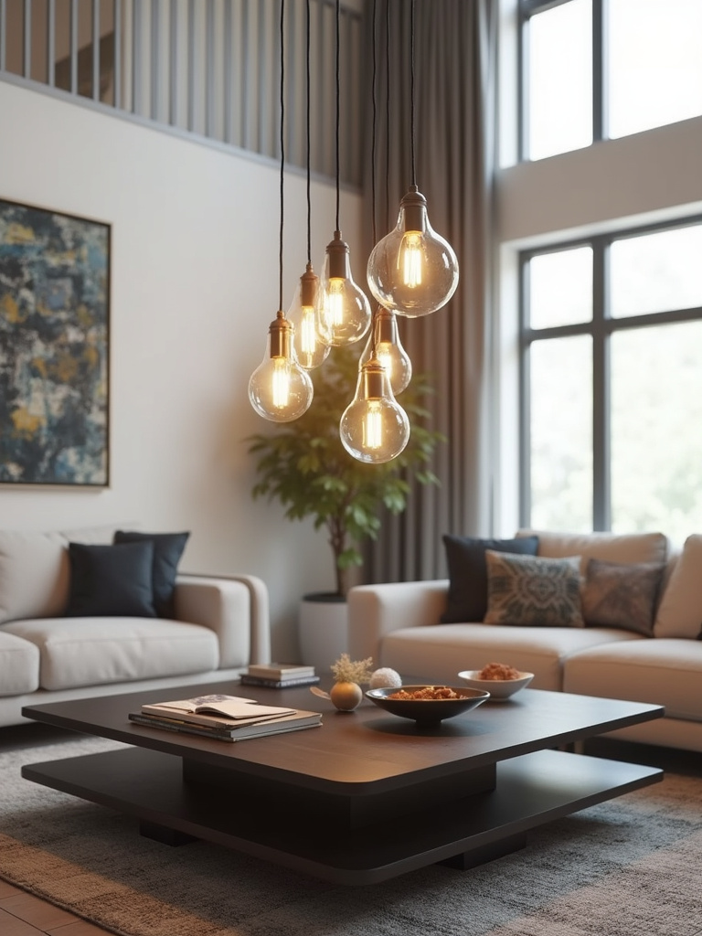 Modern living room with cluster of glass pendant lights above coffee table
