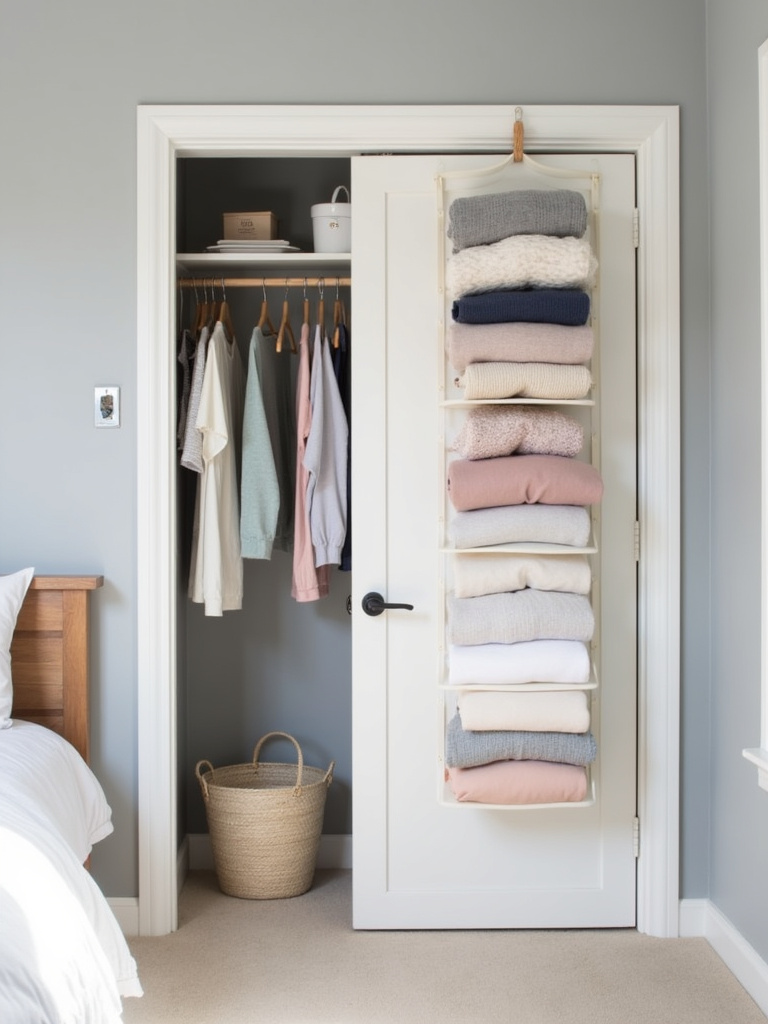 Small bedroom with hanging organizers maximizing space and reducing clutter.