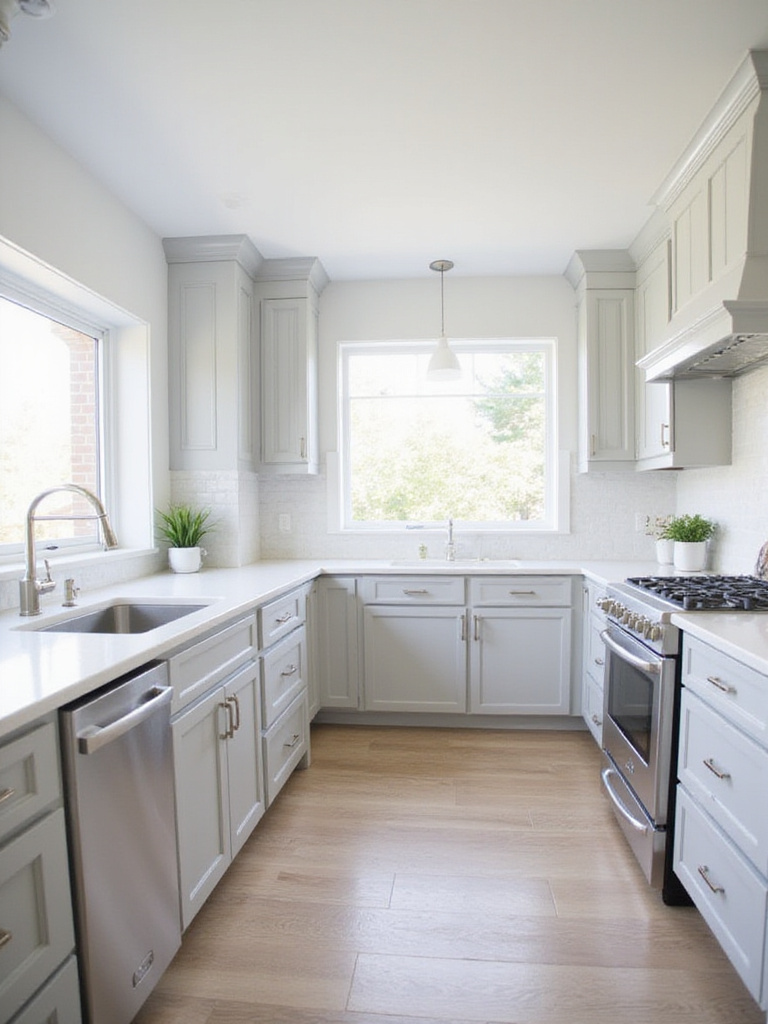 Light gray shaker kitchen cabinets with polished nickel knobs and pulls.