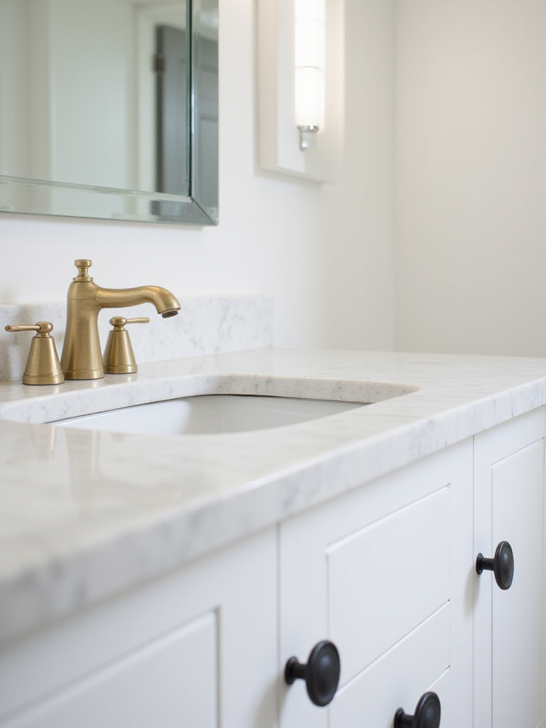 Bathroom vanity with brushed gold faucet and matte black cabinet knobs.