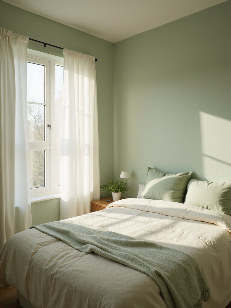 Aesthetic bedroom with sage green walls and cream bedding, creating a calming and serene atmosphere.
