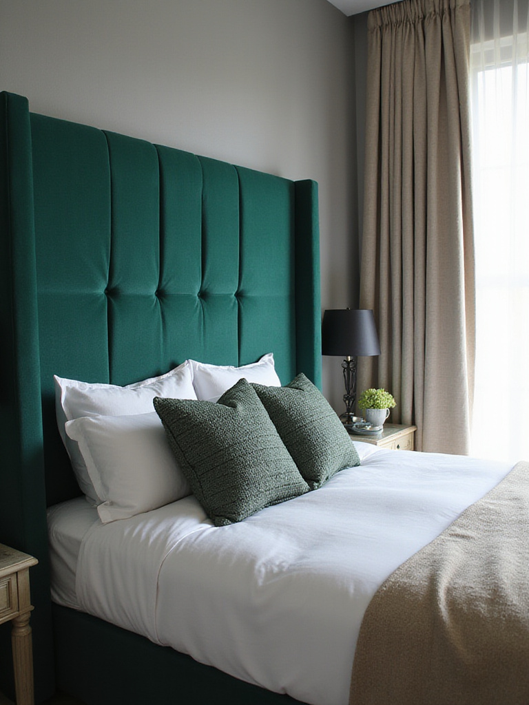 Emerald green velvet headboard in a luxurious bedroom