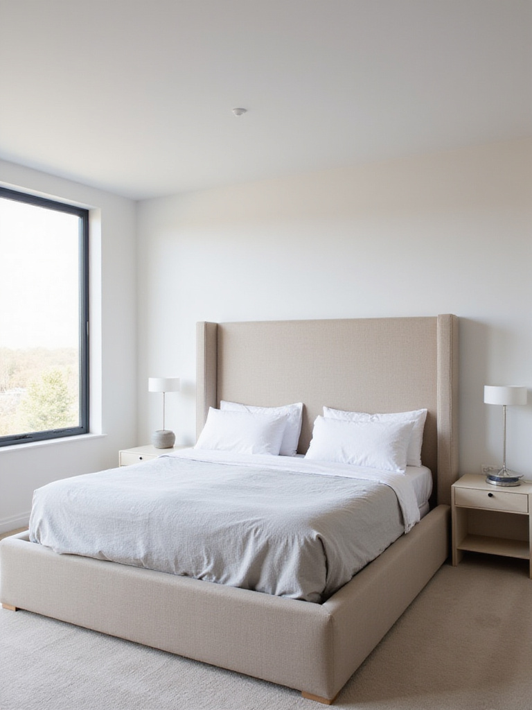 Bedroom interior with a tall, upholstered linen headboard.