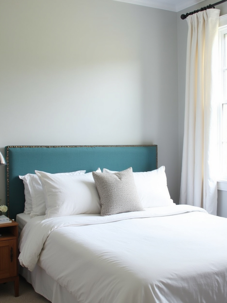 Small bedroom design featuring a slim, teal upholstered headboard as a space-saving statement piece.