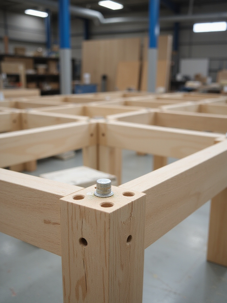 Couch frame construction showing hardwood frame, corner blocks, and dowel joinery