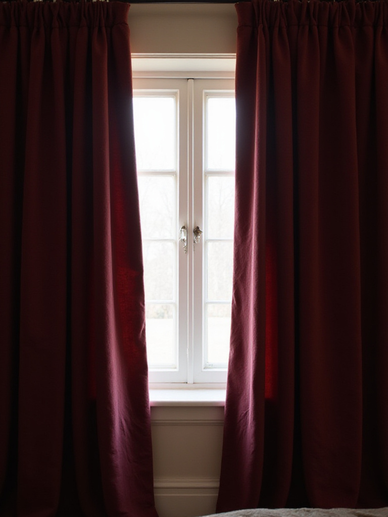 Cozy bedroom with heavy burgundy velvet drapes providing insulation and blocking drafts.