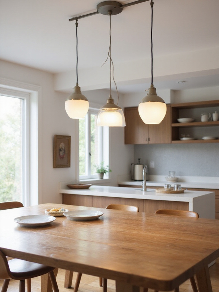 Kitchen table with three pendant lights hanging at different heights to illustrate optimal lighting.