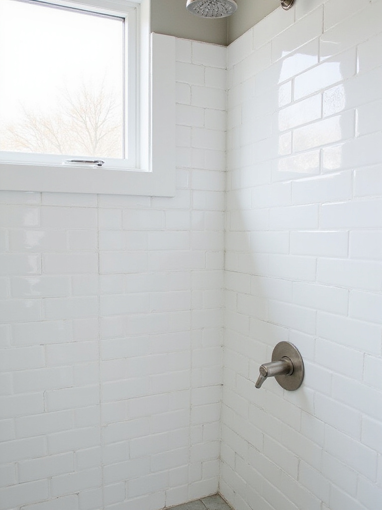 White herringbone tile shower wall in a modern bathroom