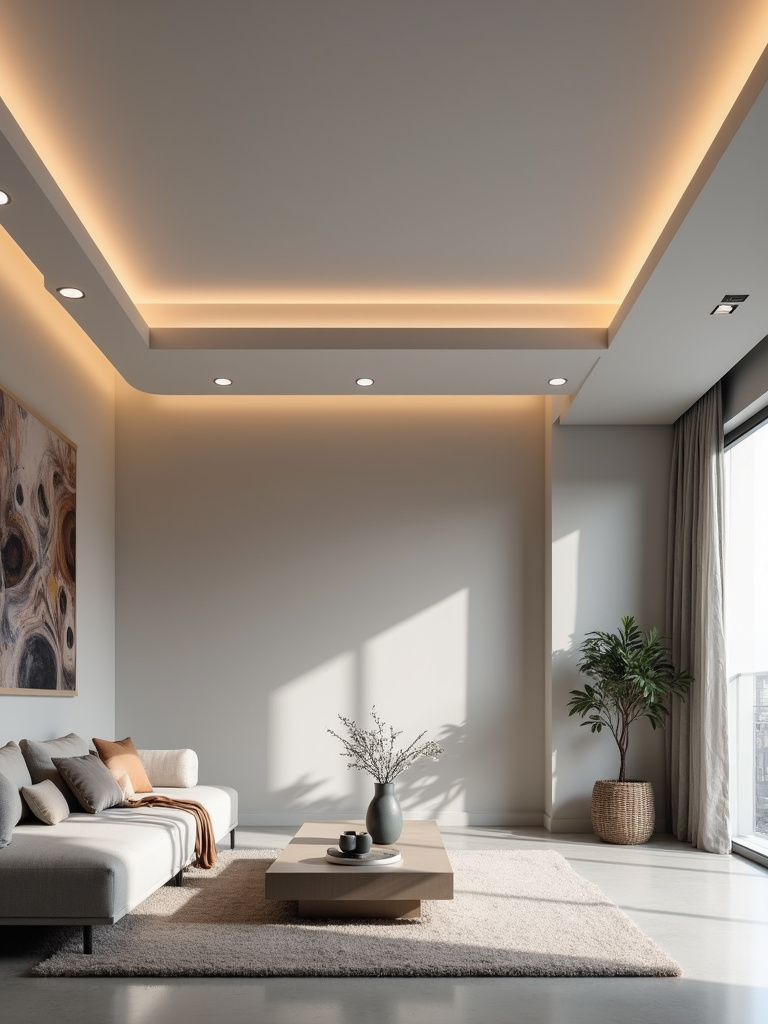 Modern living room with clean lines and recessed lighting, creating a warm and inviting atmosphere.
