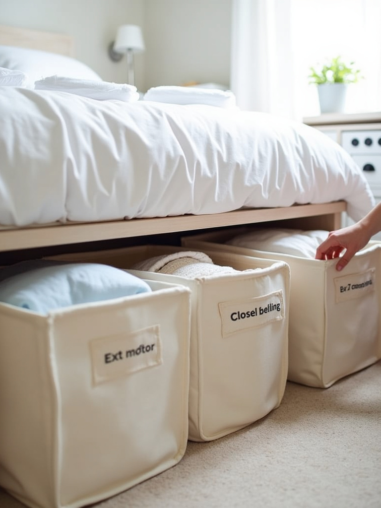 Under-bed storage solutions maximizing space in a small bedroom.