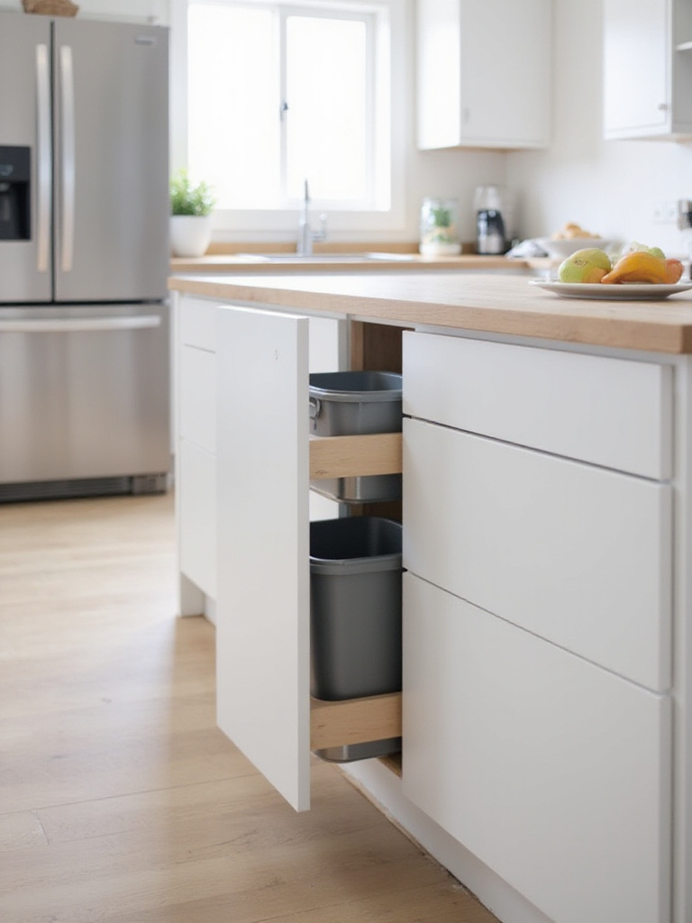 Kitchen island with discreet pull-out trash and recycling bins
