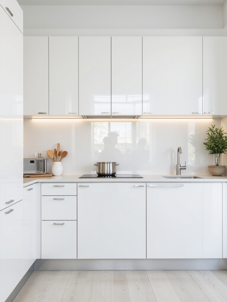 Modern kitchen with high-gloss white cabinets reflecting light.