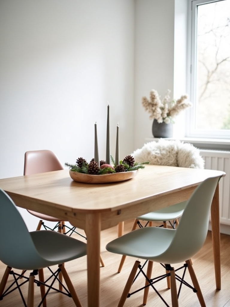 Scandinavian modern dining table with light wood and pastel chairs, creating a hygge atmosphere