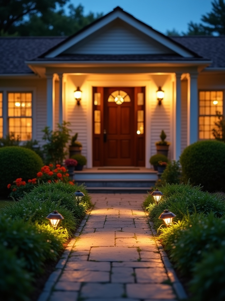 Enchanting outdoor lighting illuminating front entryway with wall lanterns and path lights.